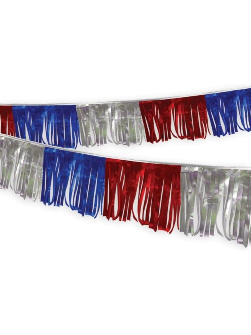 60 Ft Metallic Fringe Pennant Garland - Red, Blue, Silver for Parties